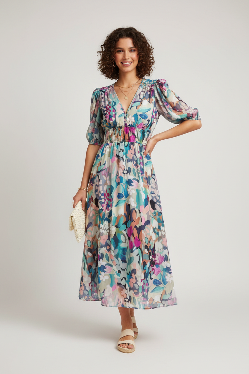 Woman wearing a colorful floral dress standing outdoors on stone steps.