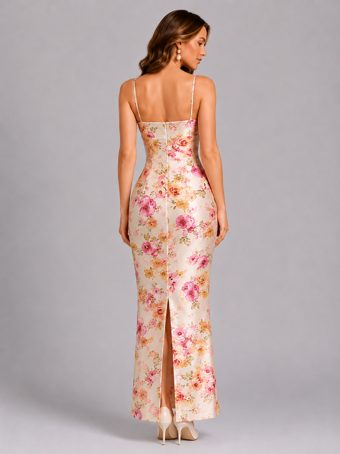 Woman wearing a floral dress with a gray background