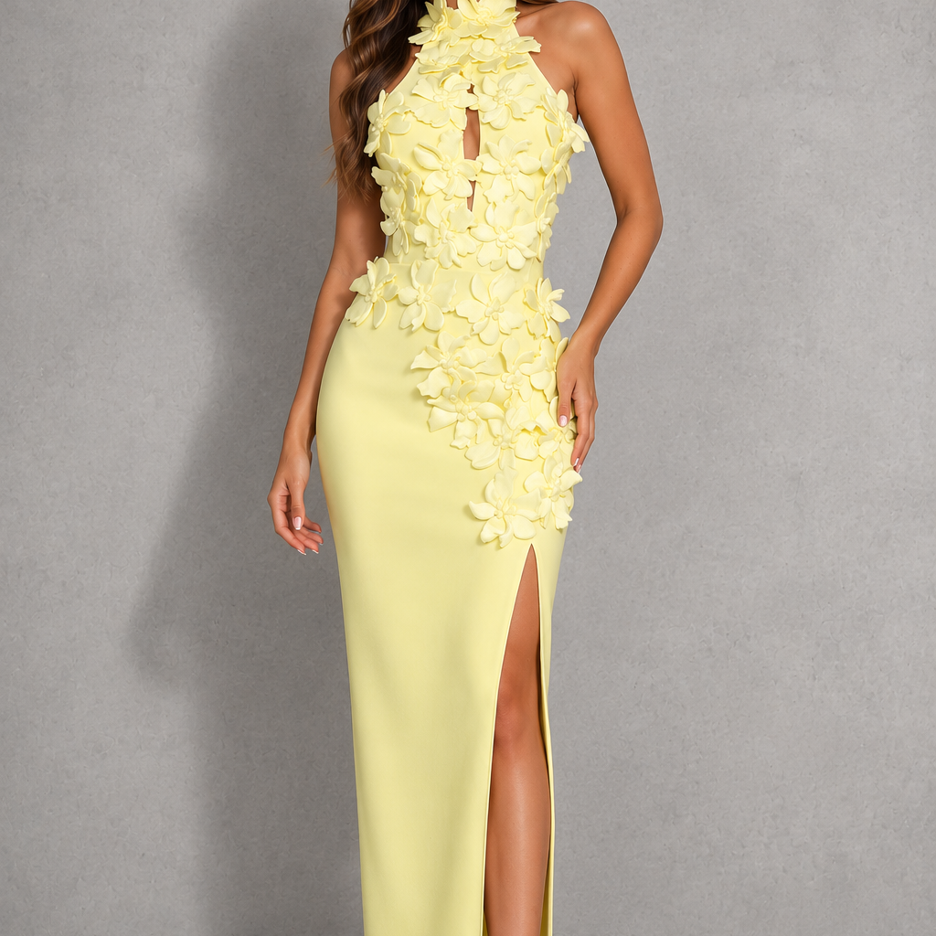 A woman modeling a pale yellow sleeveless maxi dress with 3D floral applique on the bodice and hips, a high slit, and a keyhole cutout at the neckline, set against a gray studio backdrop.