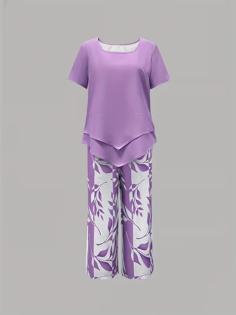 Women’s leaf print top and pants two piece set with relaxed fit