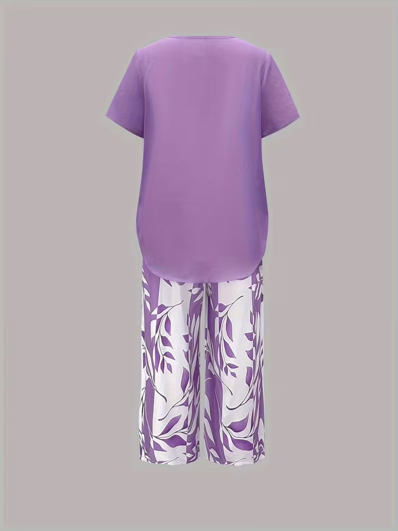 Women’s leaf print top and pants two piece set with relaxed fit