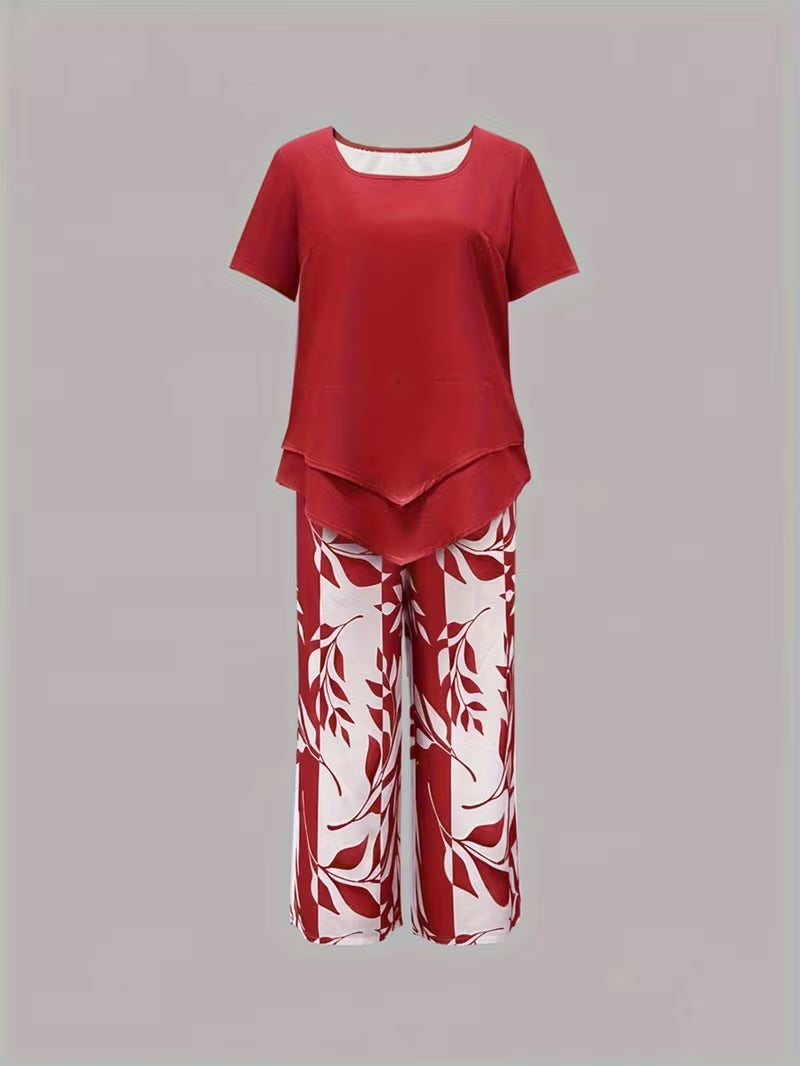 Women’s leaf print top and pants two piece set with relaxed fit