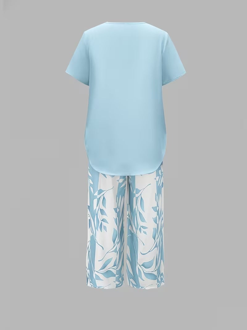 Women’s leaf print top and pants two piece set with relaxed fit