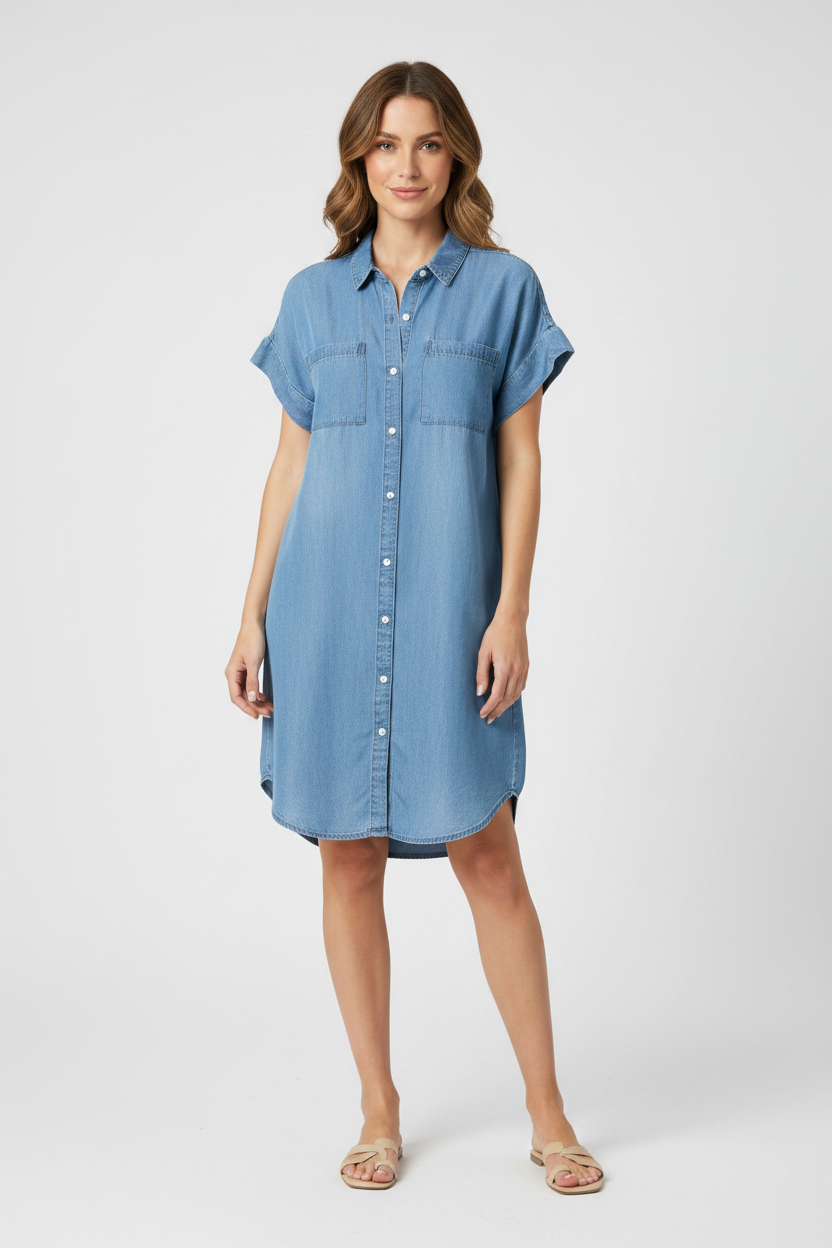 Woman wearing a blue denim dress against a neutral background