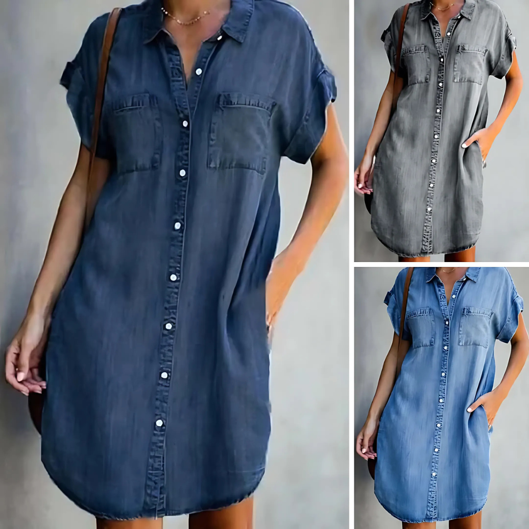 Three denim shirt dresses in different colors on a neutral background