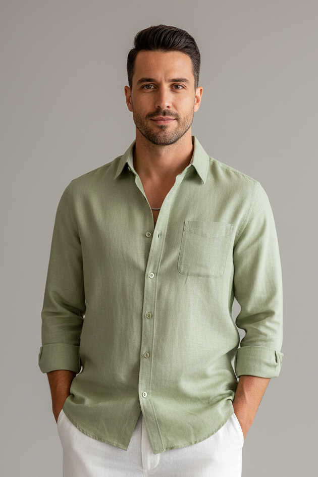 Man wearing a light green shirt and white pants in a modern living room.