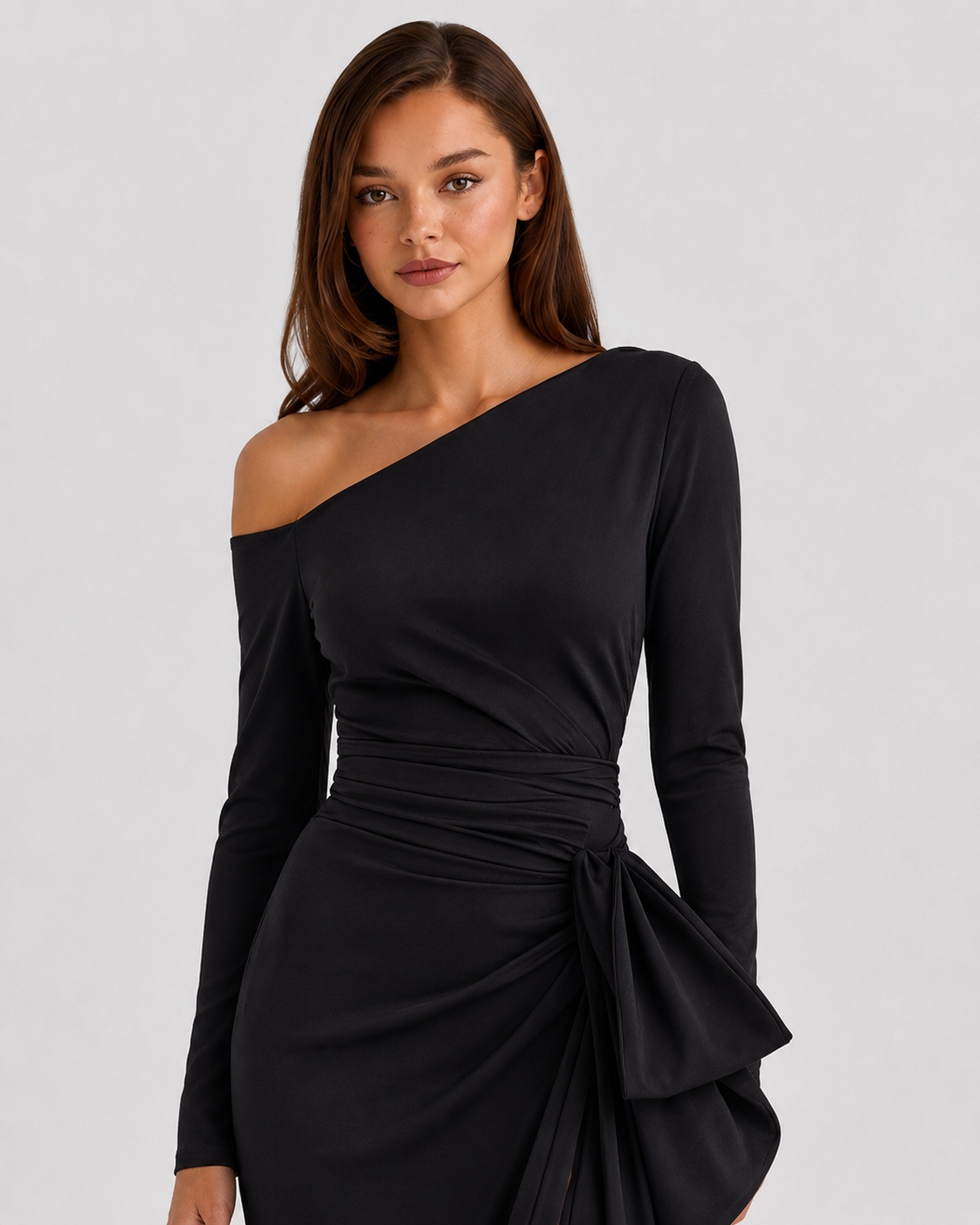 Woman wearing a black one-shoulder dress against a light gray background