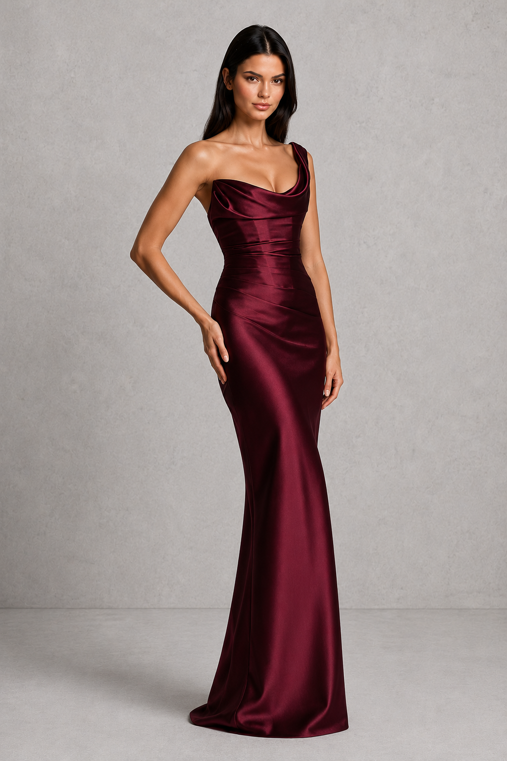 Woman wearing a burgundy one-shoulder gown against a gray background