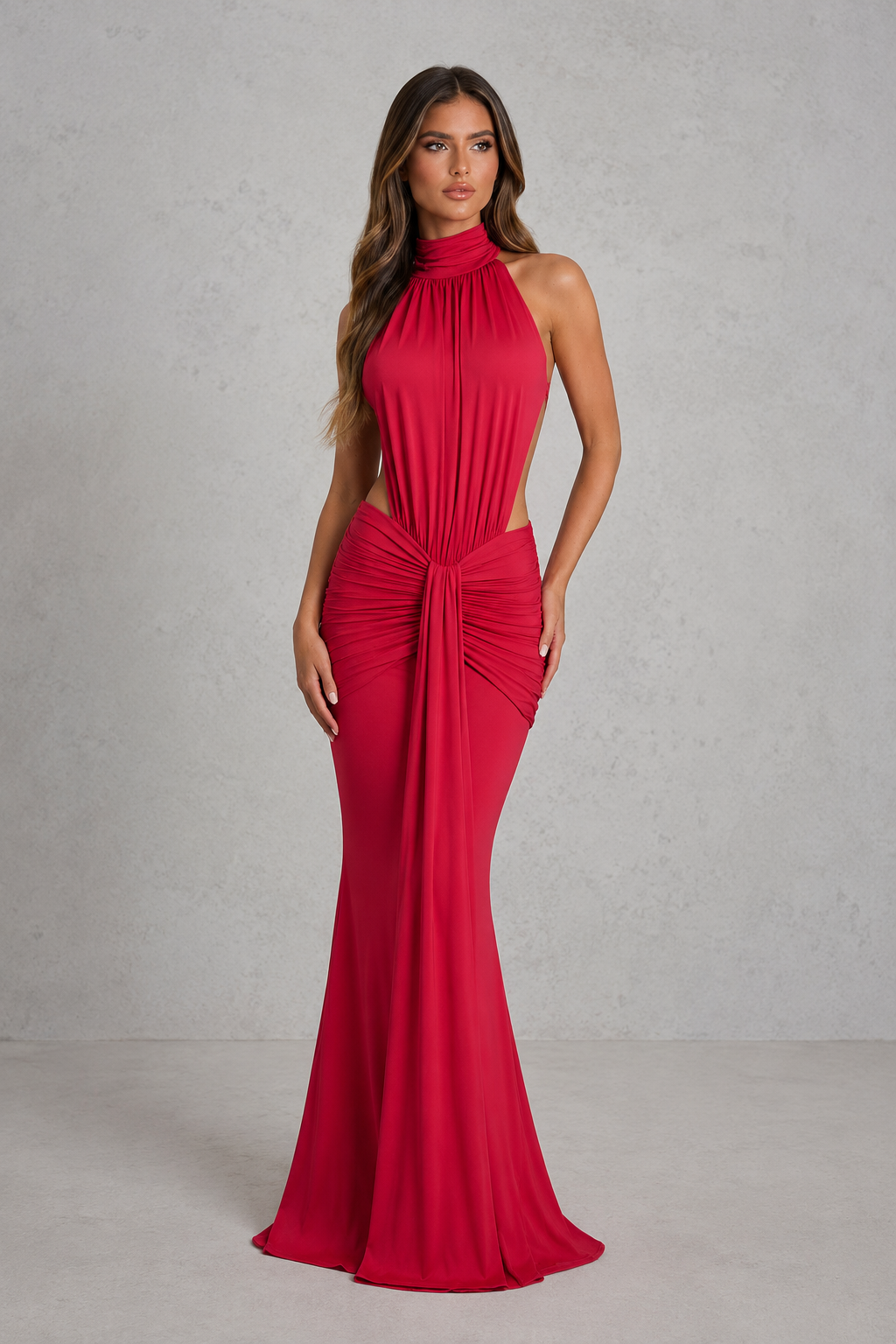 Red evening gown with cut-out design on a plain background