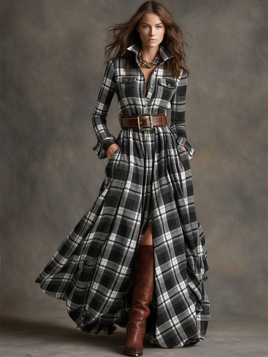 Woman wearing a long plaid dress with brown boots against a gray background