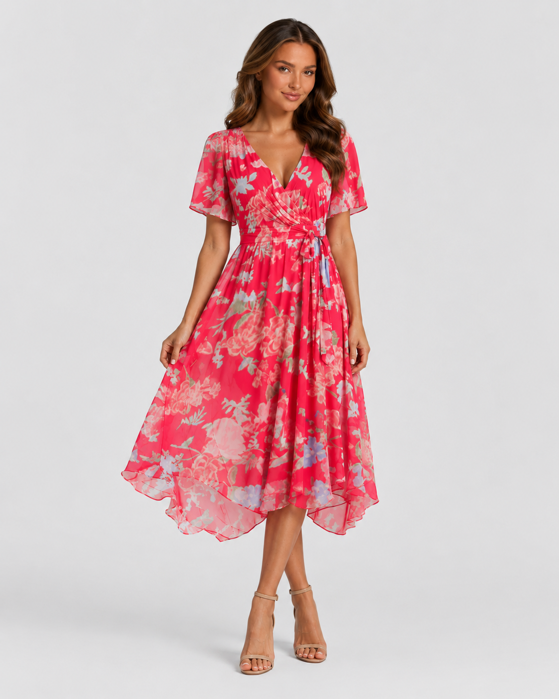 Woman wearing a pink floral dress on a gray background