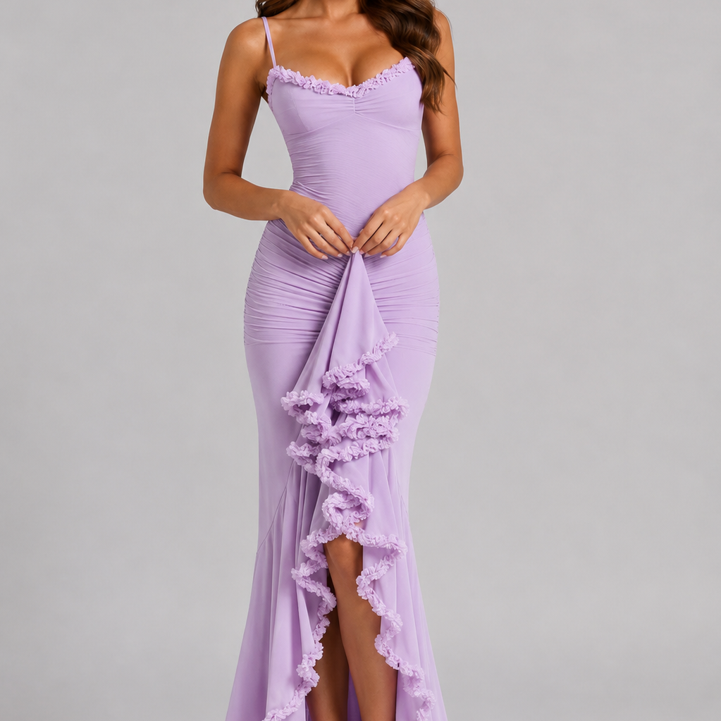 Woman wearing a lavender evening gown with floral details on a gray background