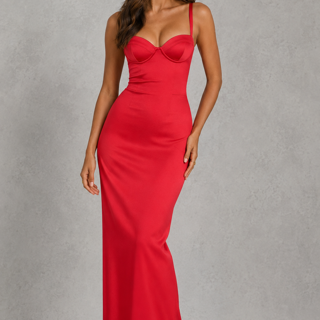 Woman wearing a red evening gown against a gray background