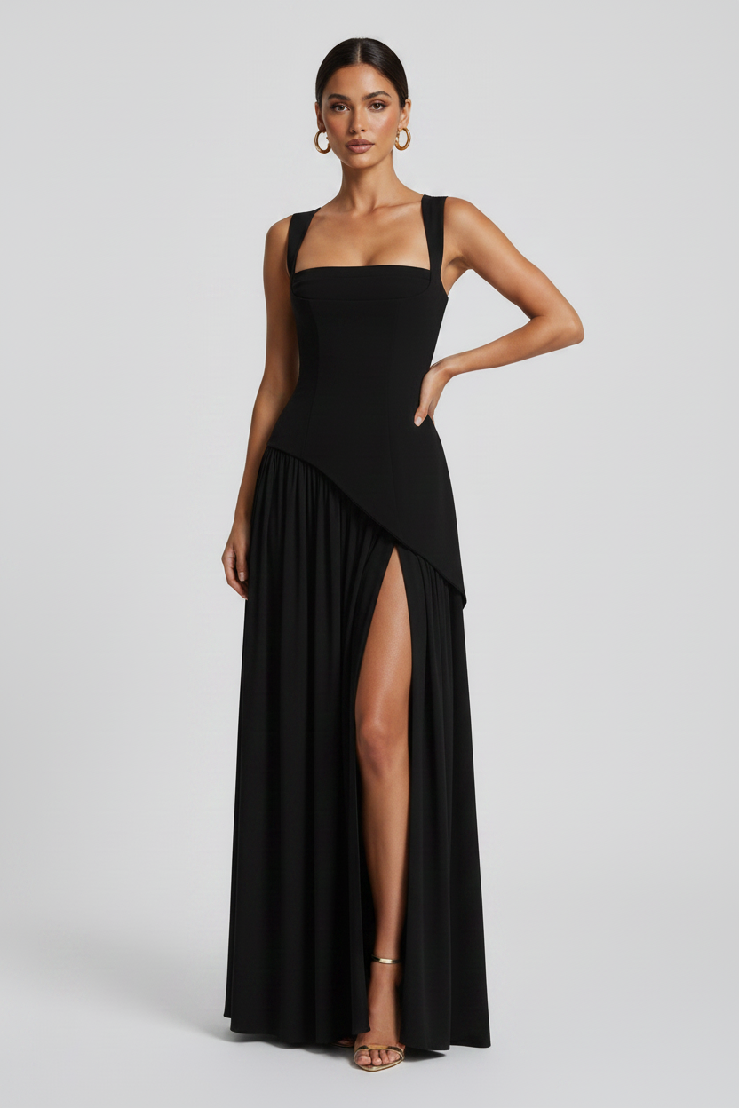 Black evening gown with a slit on a white background