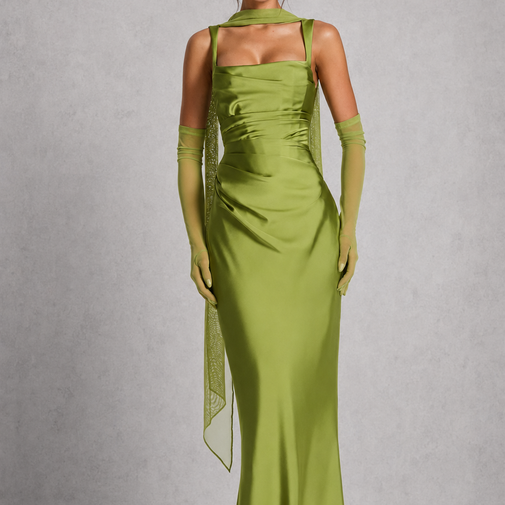 Woman wearing a green evening gown with matching gloves against a gray background