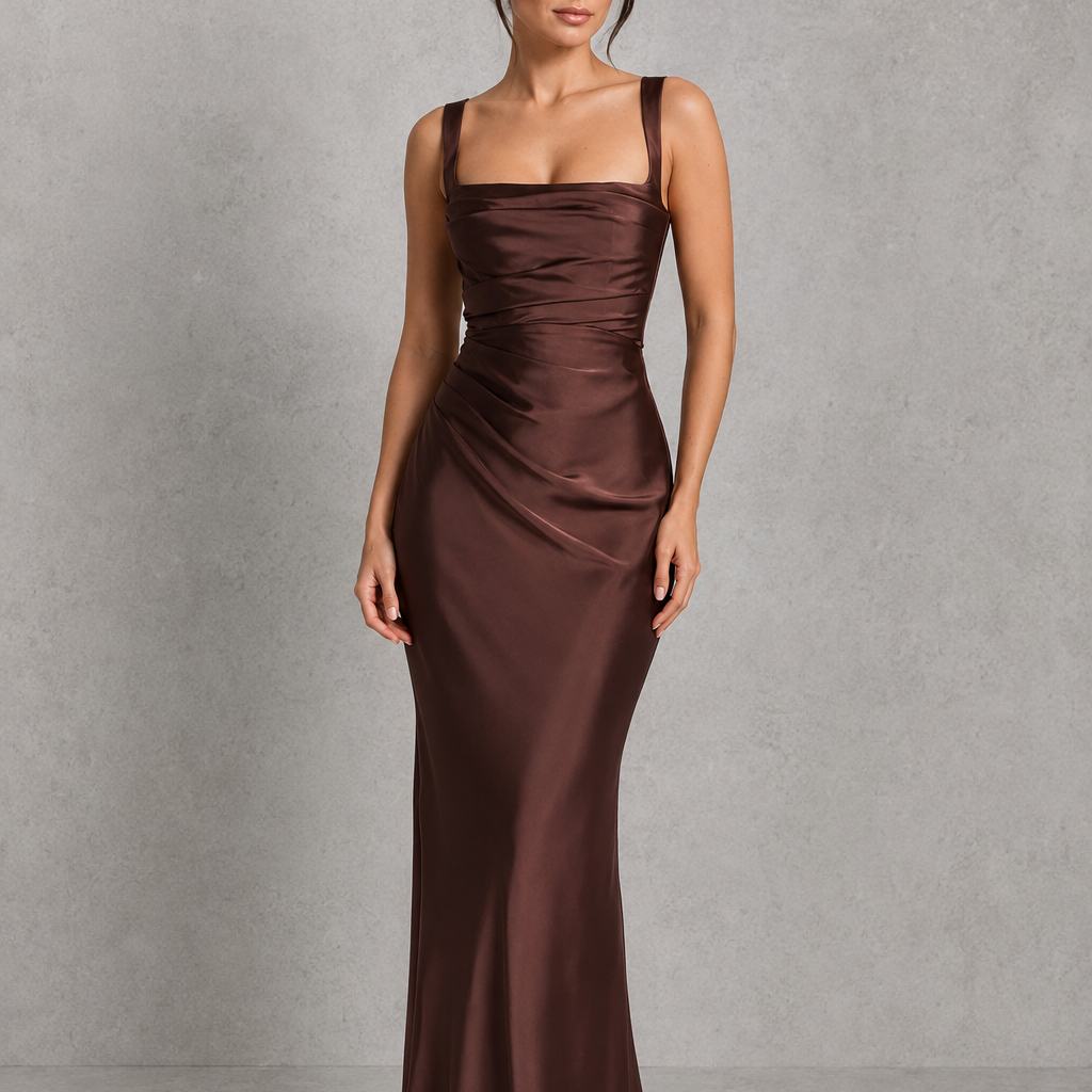 Woman wearing a brown evening gown against a gray background