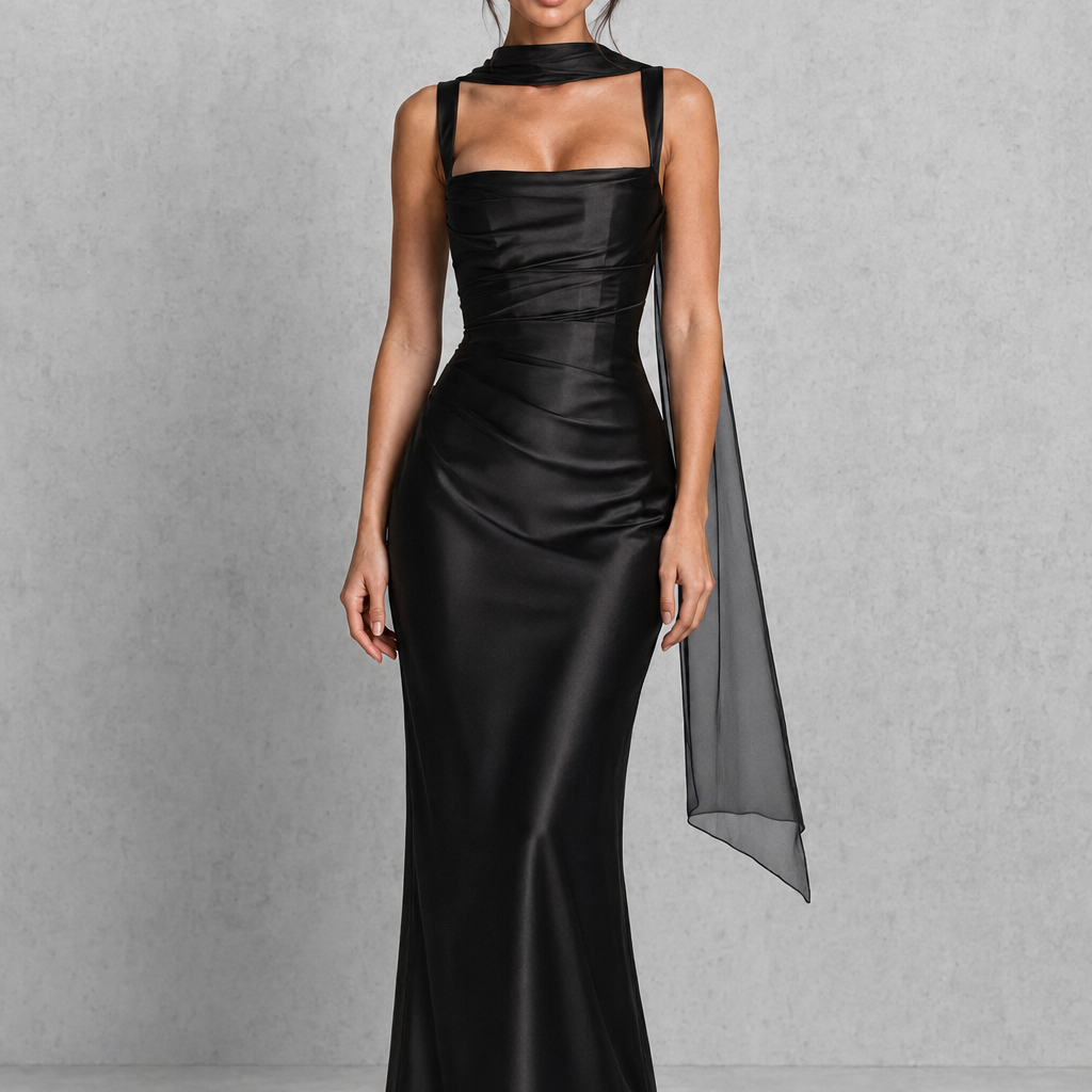 Woman wearing a black satin gown with a cape on a gray background