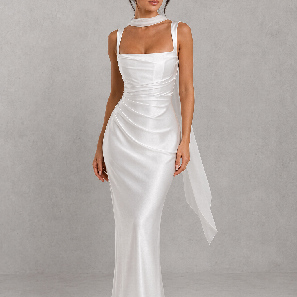 Woman wearing a white dress against a gray background