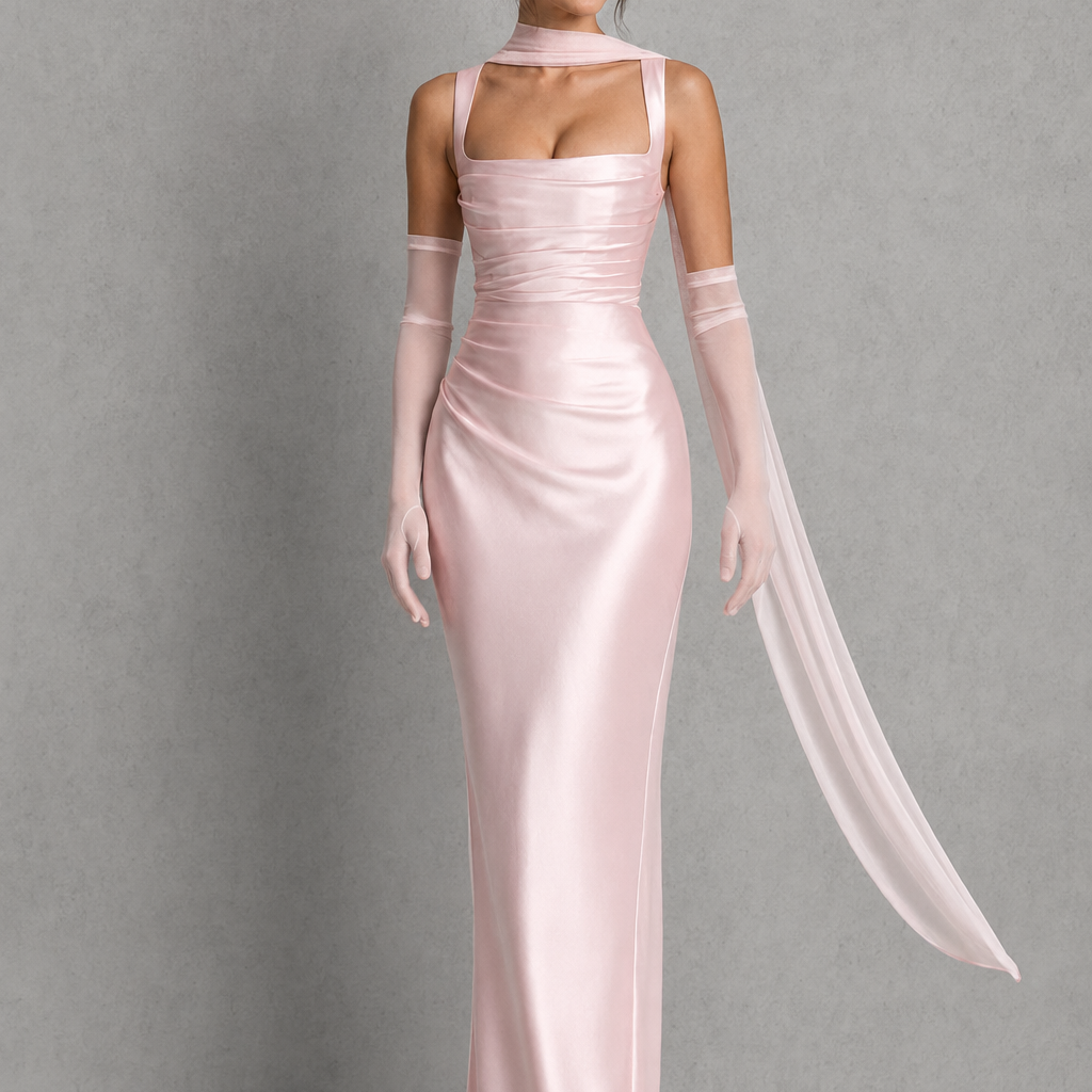 Woman wearing a pink satin evening gown with gloves against a gray background