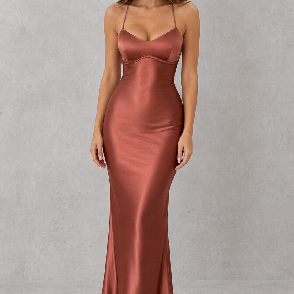 Woman wearing a satin slip dress against a gray background