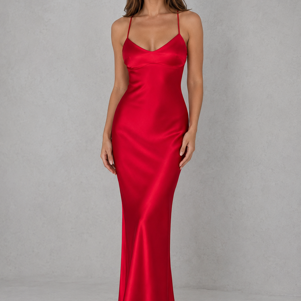 Woman wearing a red satin dress against a gray background