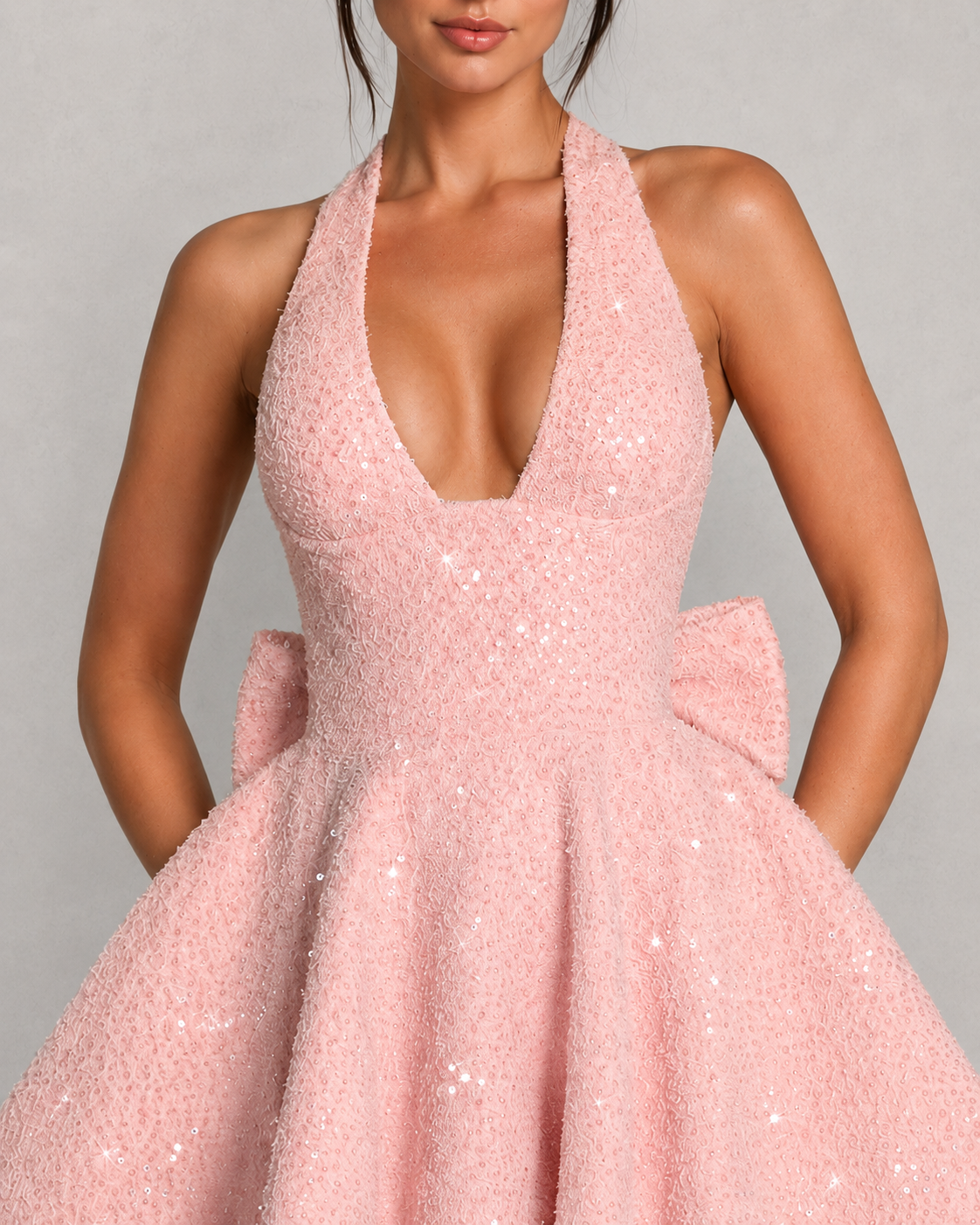 Pink sequin dress with a plunging neckline on a gray background