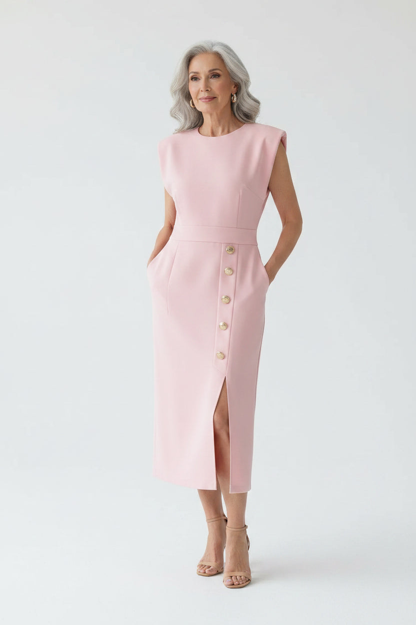Pink dress with gold buttons worn by a person in a minimalistic setting