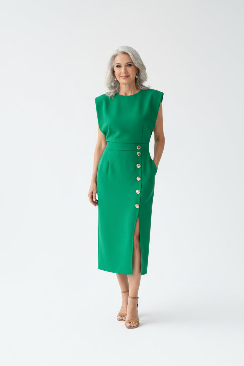 Woman wearing a green dress with buttons standing in a modern interior setting.