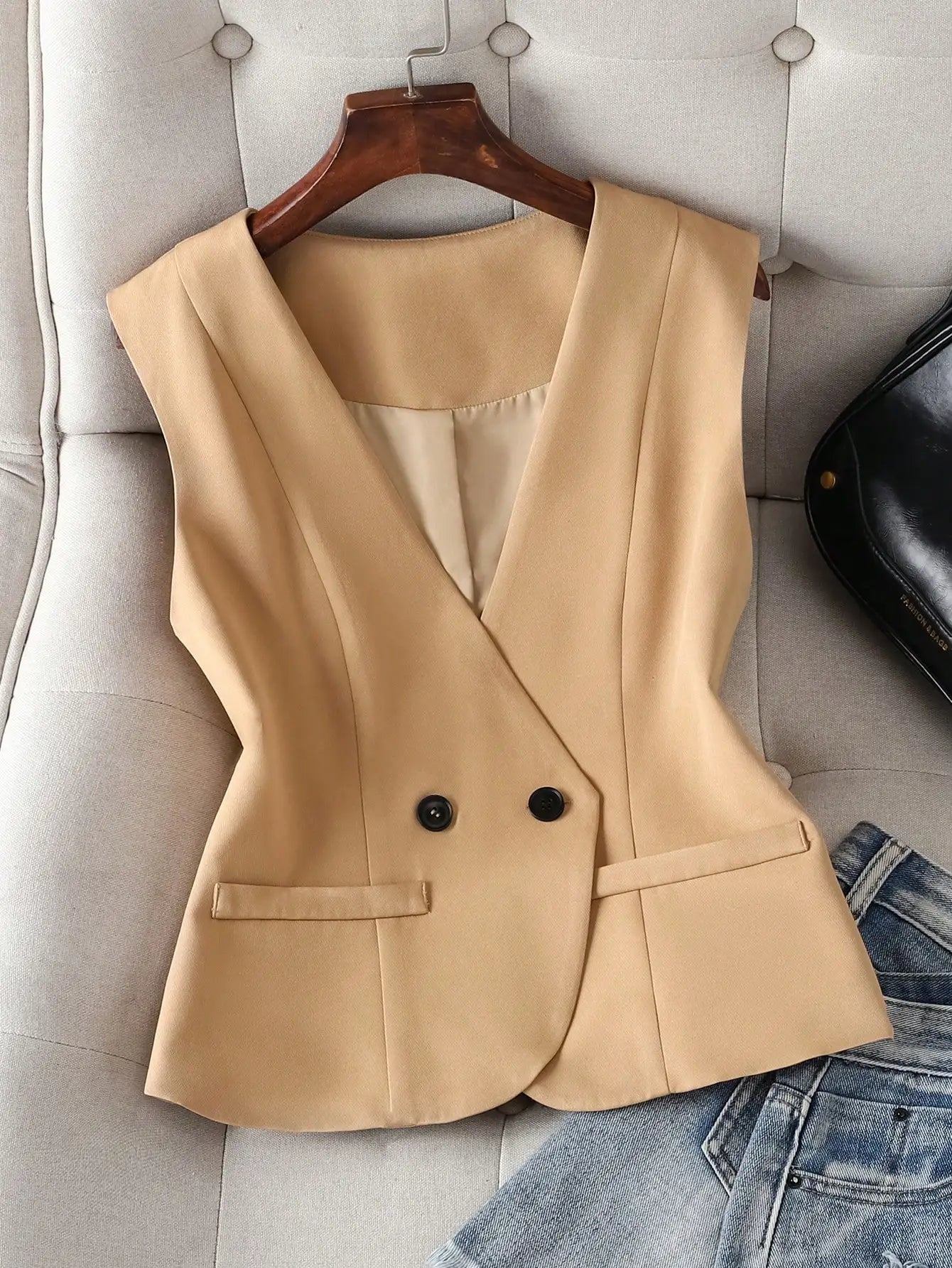 Beige blazer on a hanger with jeans and a black bag in the background