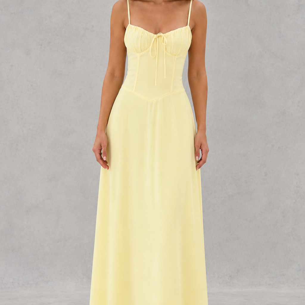 Woman wearing a yellow dress against a gray background