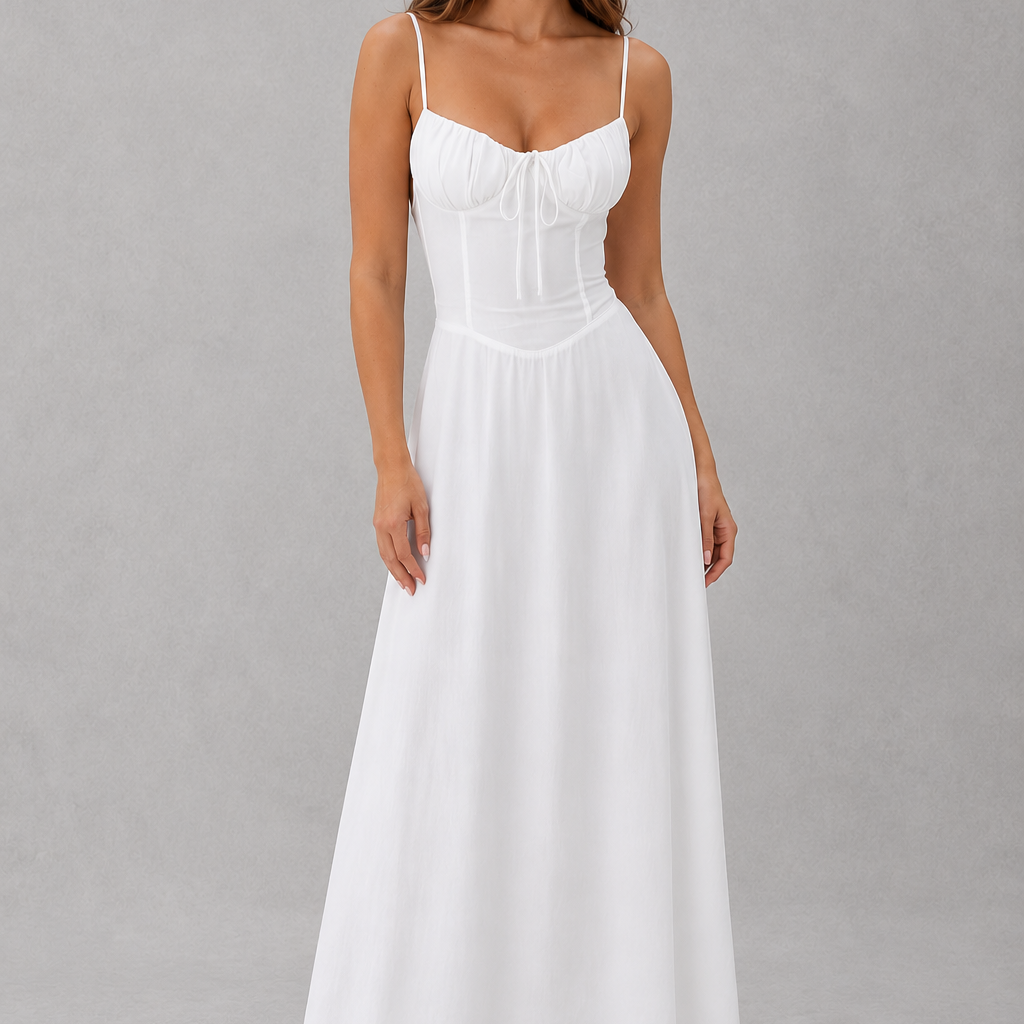 Woman wearing a white dress against a gray background