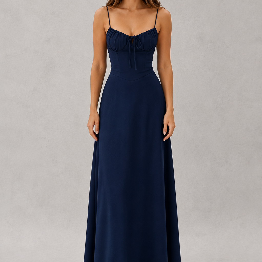 Woman wearing a navy blue dress on a gray background