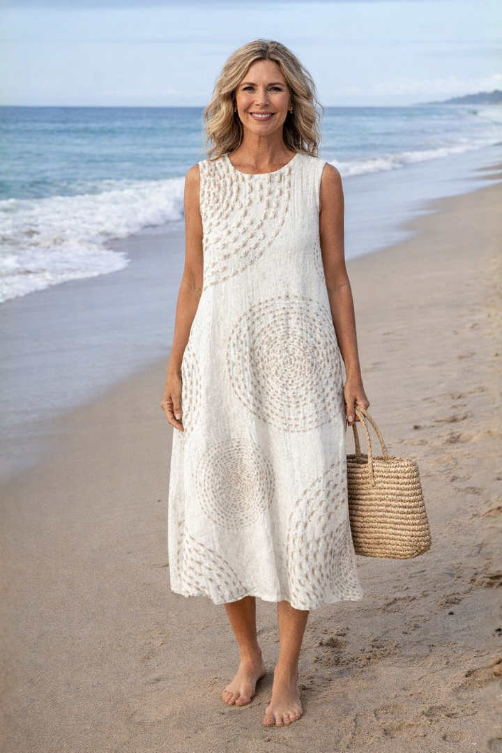 Women’s sleeveless printed midi dress with pockets and round neckline