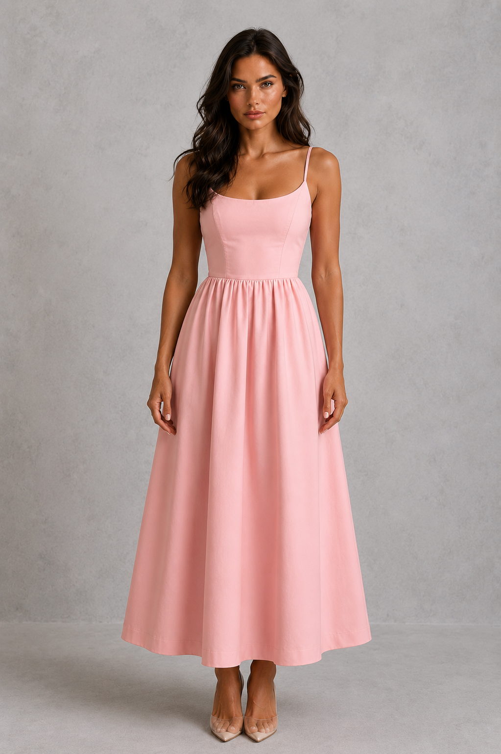 Woman wearing a pink dress against a gray background