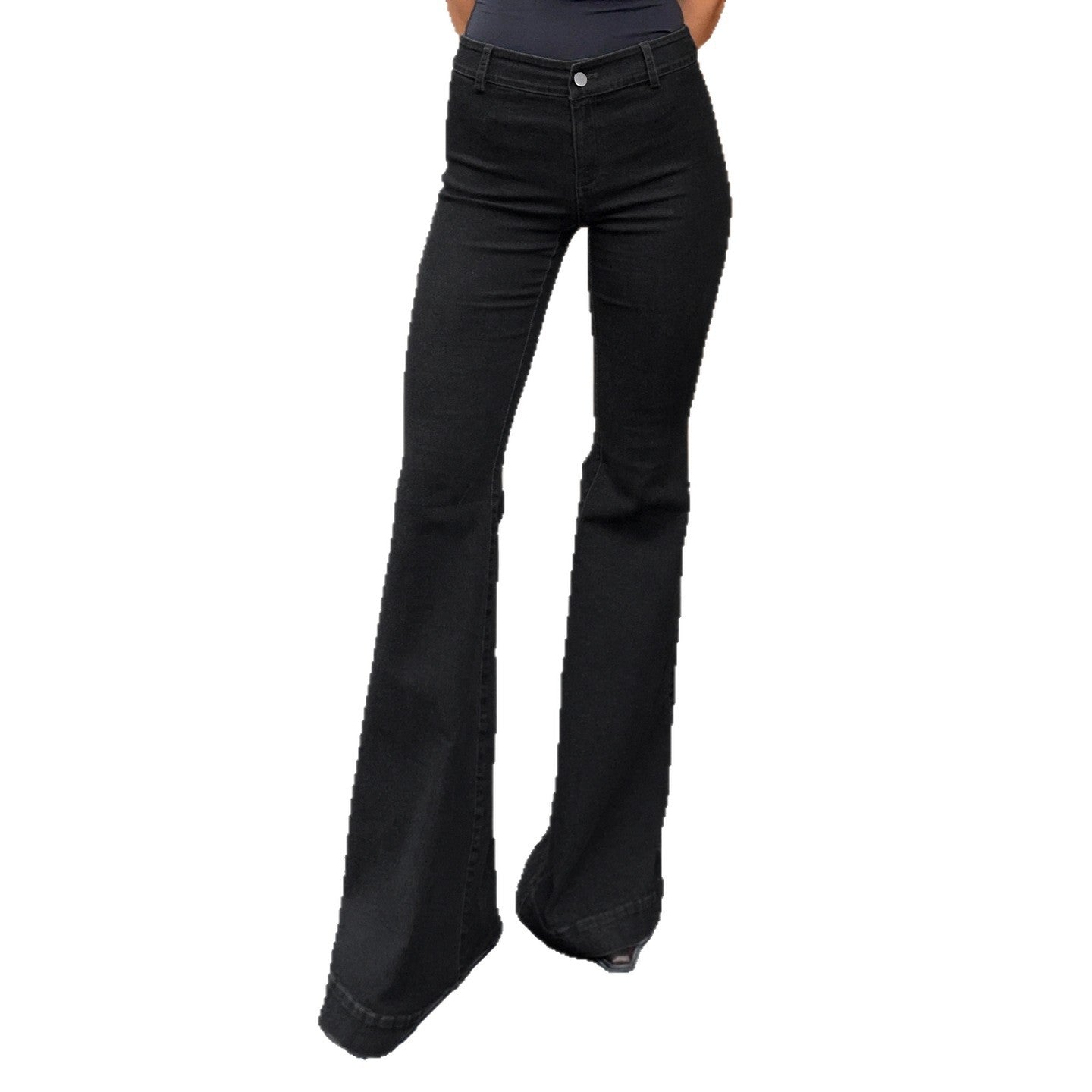Black flared jeans on a white background