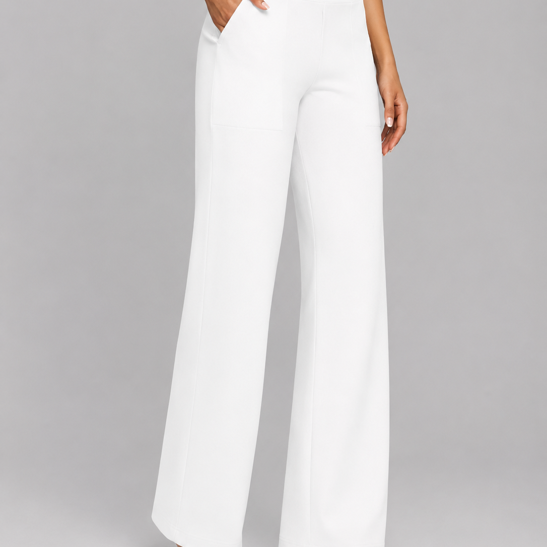White wide-leg pants worn by a person on a gray background