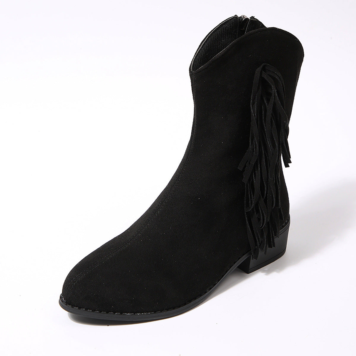 Black suede ankle boot with fringes on a white background
