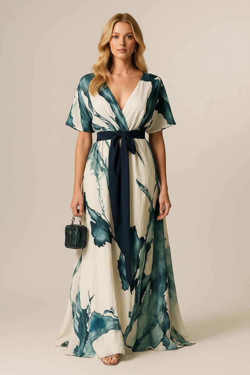 Woman wearing a floral dress with a plain background