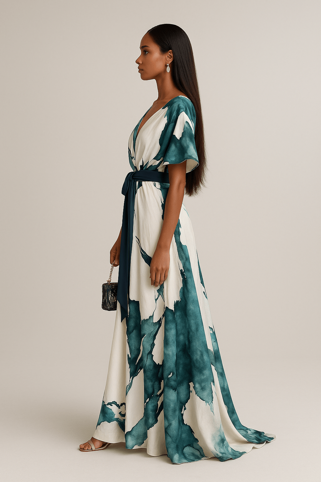 Woman wearing a long, floral-patterned dress on a plain background