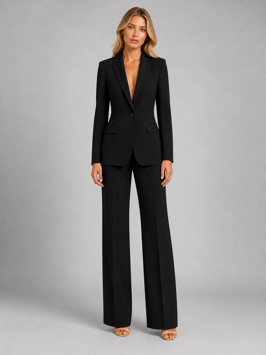 Woman wearing a black suit on a gray background