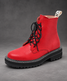 Women’s Leather Lace-Up Ankle Boots – Side Zip Chunky Sole Winter Shoes – Red plush-lined – side angle view