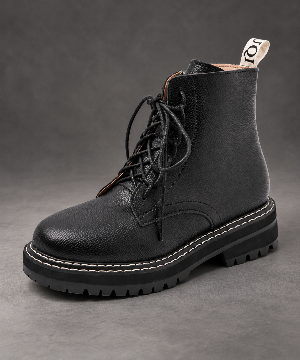 Women’s Leather Lace-Up Ankle Boots – Side Zip Chunky Sole Winter Shoes – Black plush-lined – side angle view