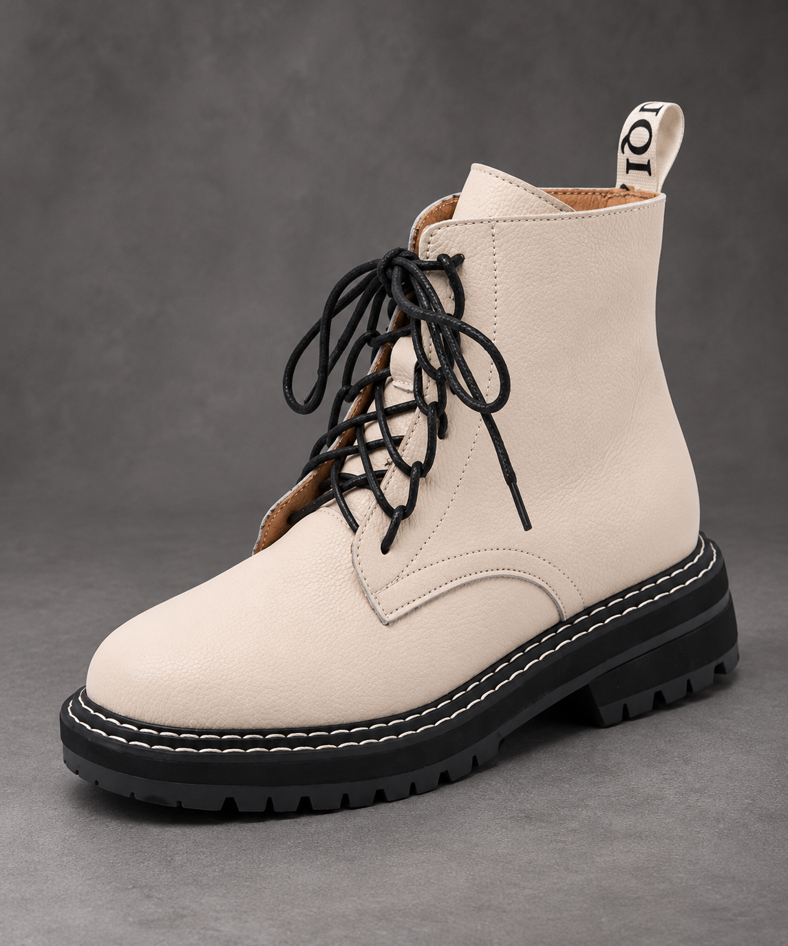 Women’s Leather Lace-Up Ankle Boots – Side Zip Chunky Sole Winter Shoes – Beige – side angle view