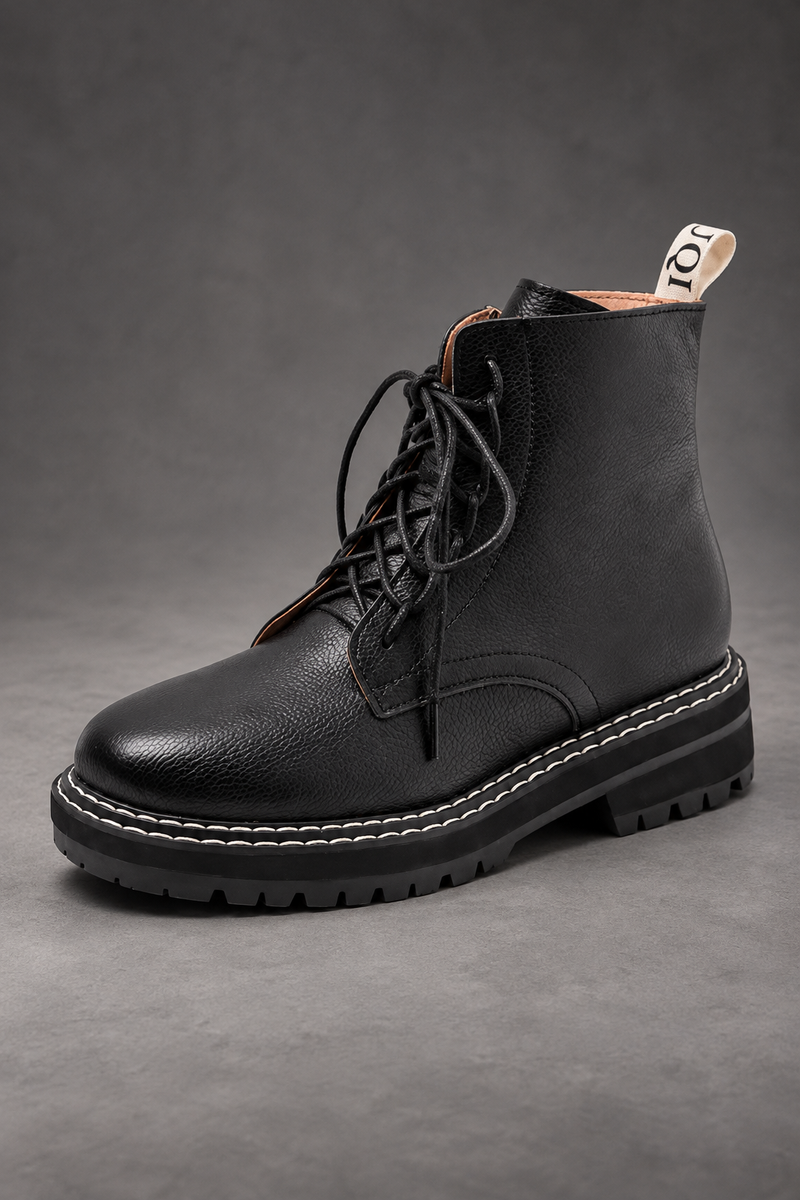 Women’s Leather Lace-Up Ankle Boots – Side Zip Chunky Sole Winter Shoes – Black – side angle view