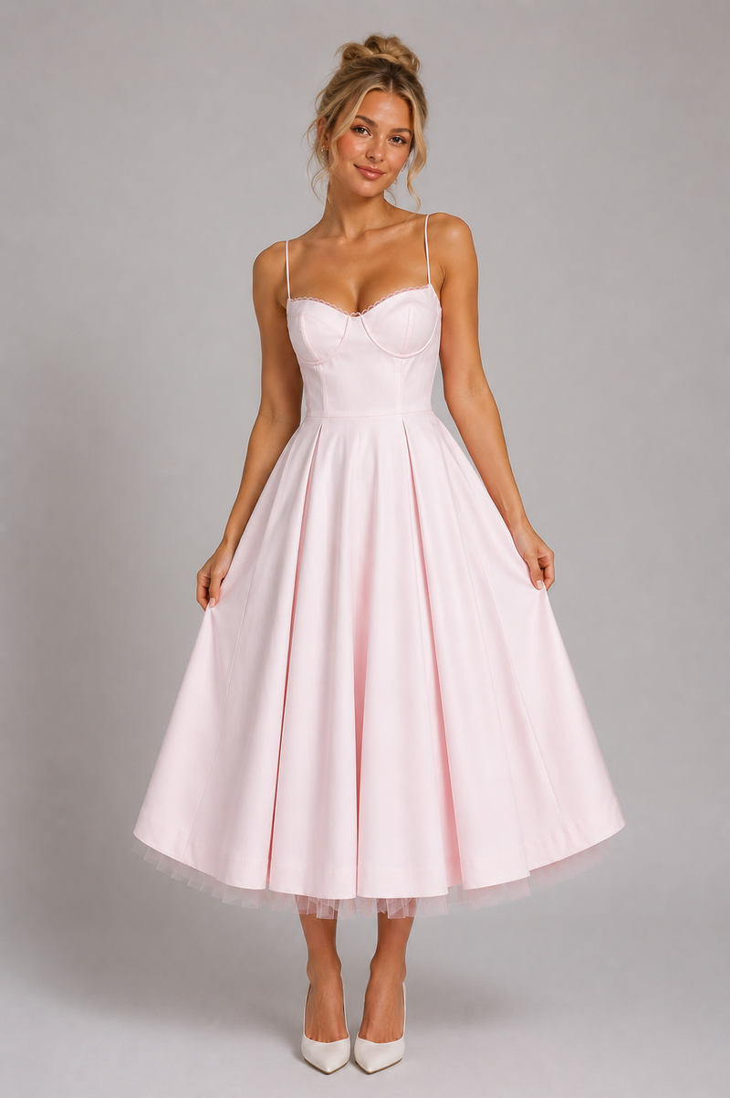 Women’s Corset Midi Dress with Full Skirt – Elegant Occasion Style
