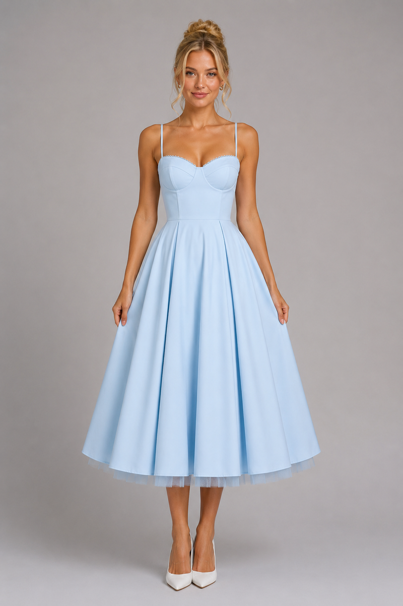 Women’s Corset Midi Dress with Full Skirt – Elegant Occasion Style