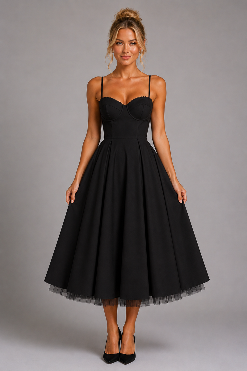 Women’s Corset Midi Dress with Full Skirt – Elegant Occasion Style