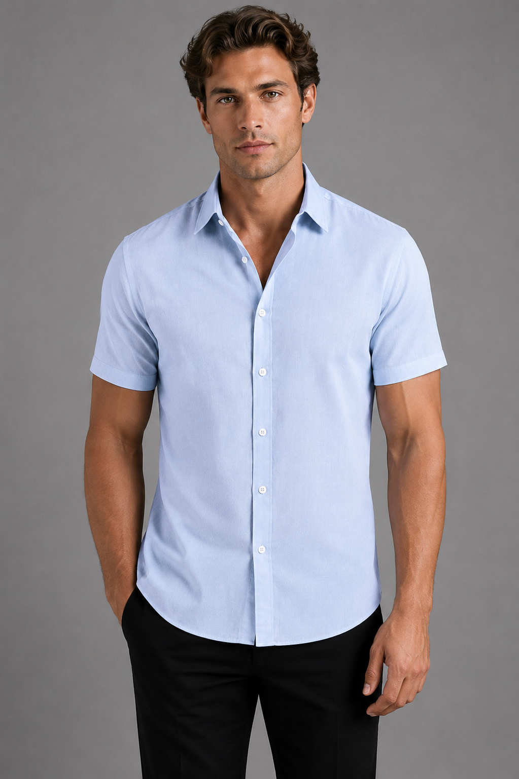 Man wearing a light blue short-sleeve shirt against a gray background