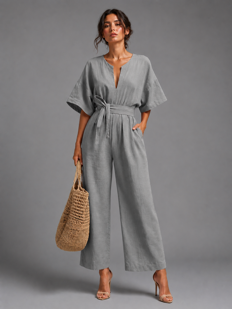 Women’s Linen V Neck Wide Leg Jumpsuit - Craw Leigh