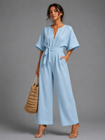 Women’s Linen V Neck Wide Leg Jumpsuit - Craw Leigh
